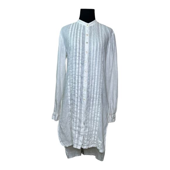 Claudio Milano white Italian linen pleated button down tunic blouse size M - Picture 15 of 15